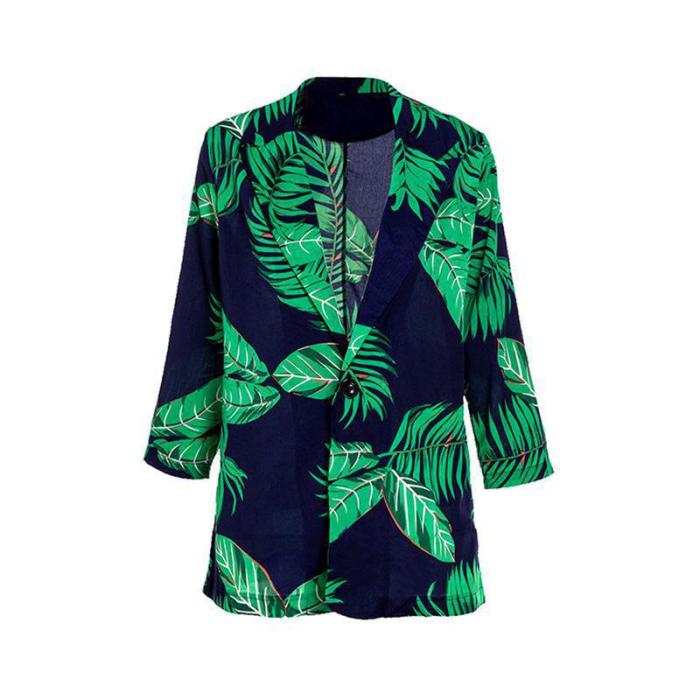 Women Blazer Leaf Printed Green Blazer Coat Three Quarter Sleeve Single Breasted Women's Slim Suit Jacket Autumn 2020