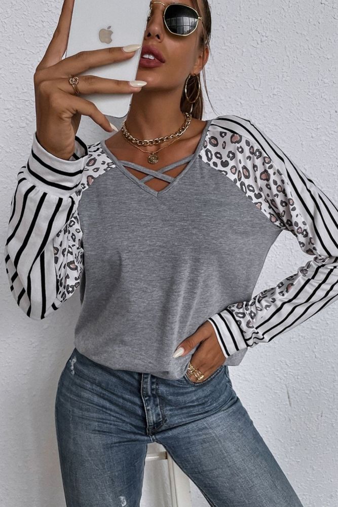 2021 Autumn New Women's T-shirt Full Sleeve Grey Patchwork Tops