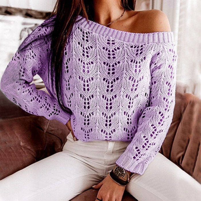Women's V neck Knitted Jumper Pullover Hollow Out Sweater