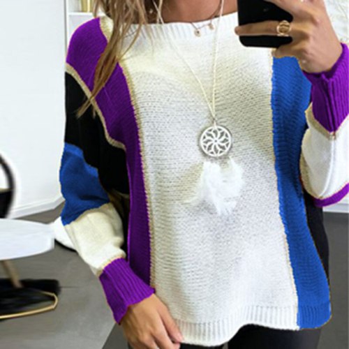 Women Fashion Striped Printed Patchwork Pullover Sweater Autumn Casual Long Sleeve Knit Sweaters Winter O Neck Loose Tops Jumper