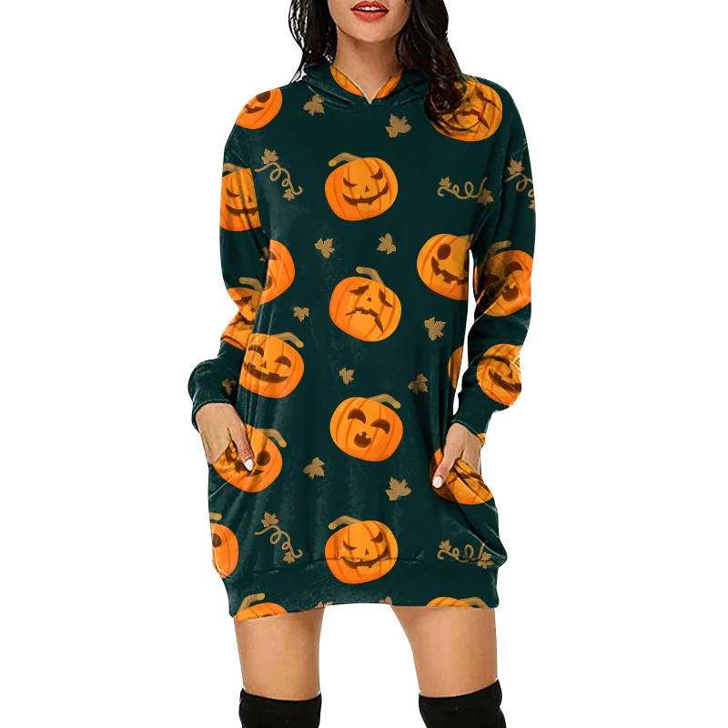 Halloween Cartoon Pumpkin Print Sweatshirts Dress Women Hooded Pocket Long Sleeve Pullover Mini Dress Autumn Casual Hooded Dress