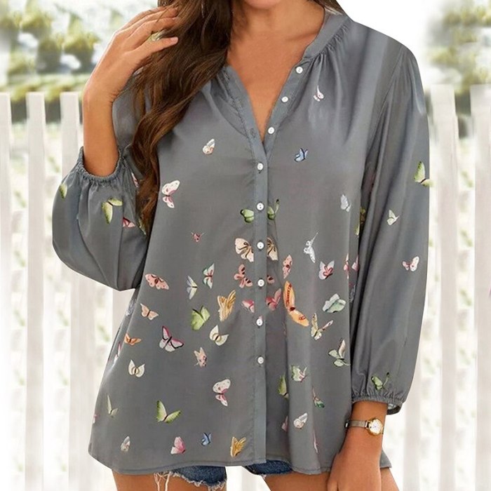 Elegant Butterfly Print V-neck Shirts Office Ladies Long Sleeve Button Blouses Vintage Women Spring Loose Tops Female Casual 3XL