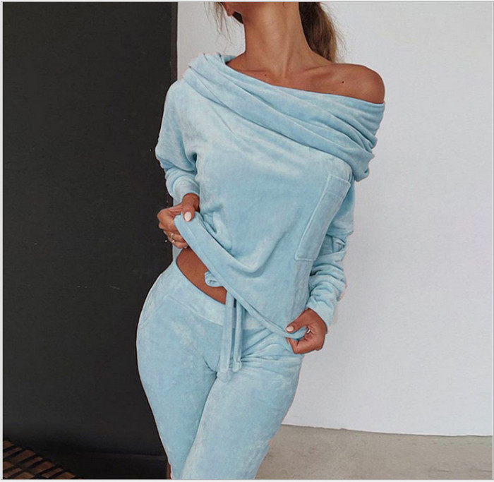 Sweatshirt Women 2 pieces Set Tracksuit Autumn One shoulder Sweatshirt Pants Sets Sport Wear Tracksuit Velvet Lounge Suit