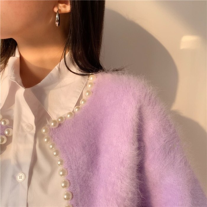 Korean Knitted Women Solid Cardigan Pearl Lantern Sleeve Sweet Elegant Thicken Fashion Mink Sweater Femme Jumpers 2021 Tops