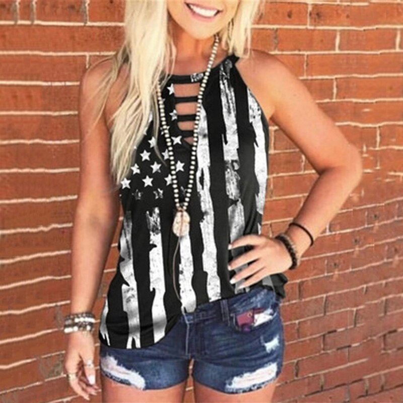 Hollow Out Women Tank Top Summer Sleeveless American Flag Print Tees Sexy Tanks Casual Loose Female Plus Size Tops Streetwear