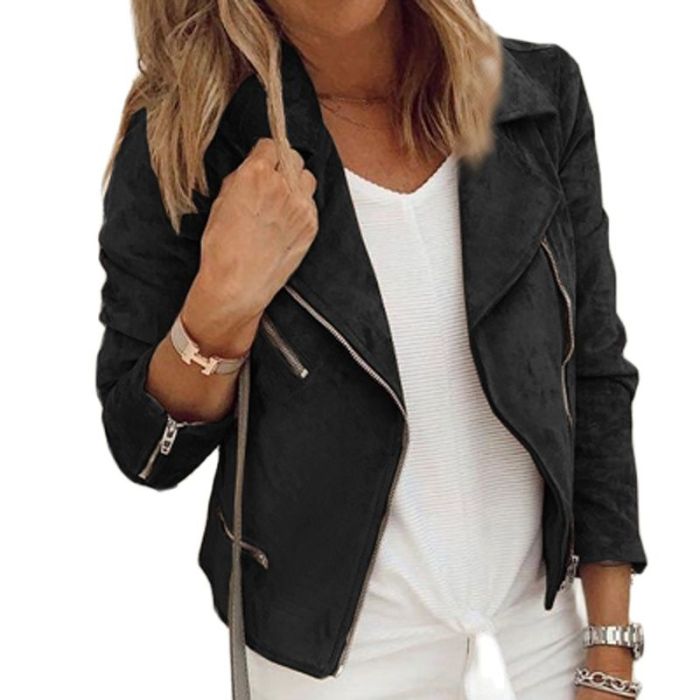 2022 Spring Autumn Solid Long Sleeve Top Outwear Fashion Zipper Design Short Jacket Women Elegant Lapel Collar Office Lady Coats