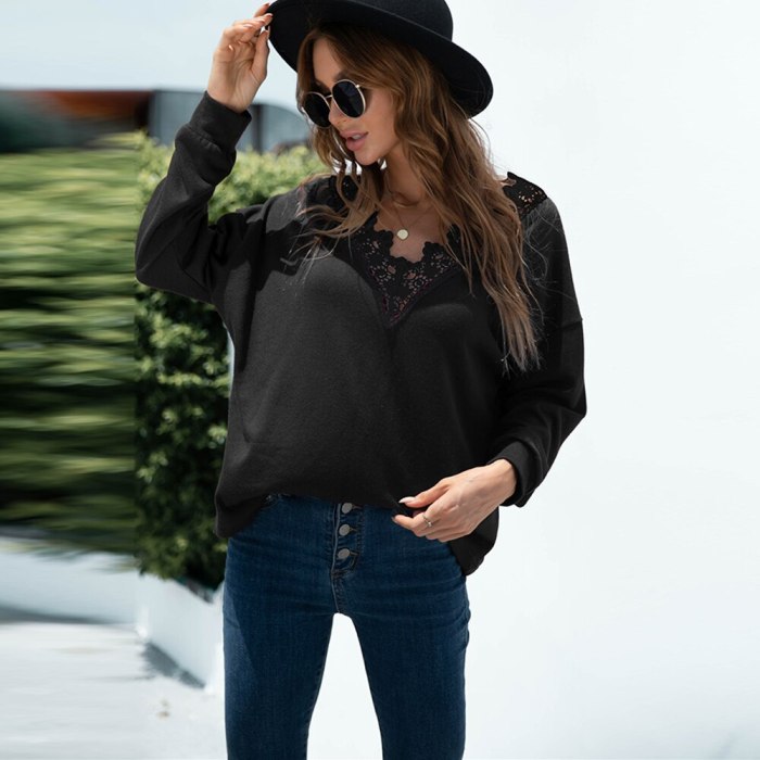 New Women Lace Patchwork See Through V-neck Loose T-shirt Sexy Long Sleeve Solid Tee shirt Autumn Winter Casual Black Pullovers