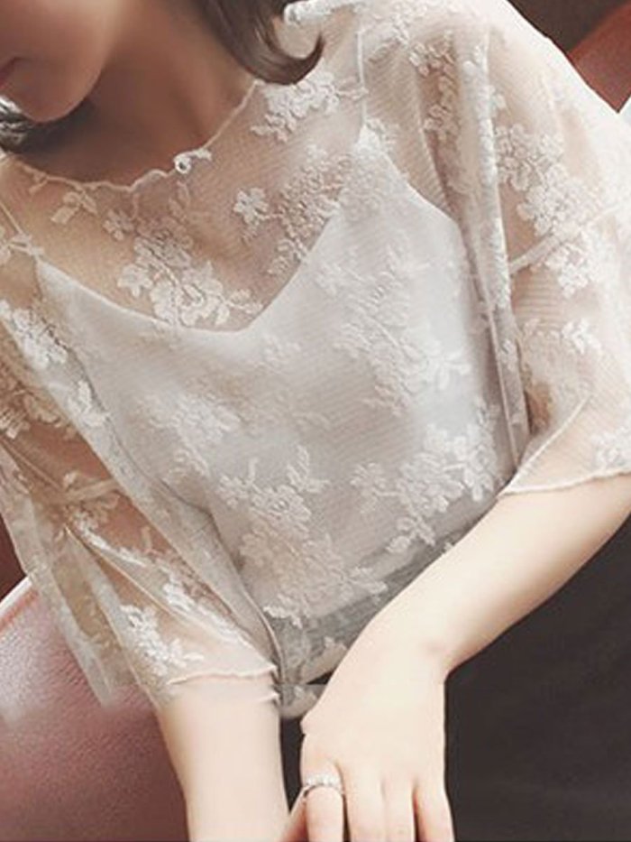 Summer Cotton Women Round Neck See-Through Floral Plain Bell Sleeve Short Sleeve Blouses