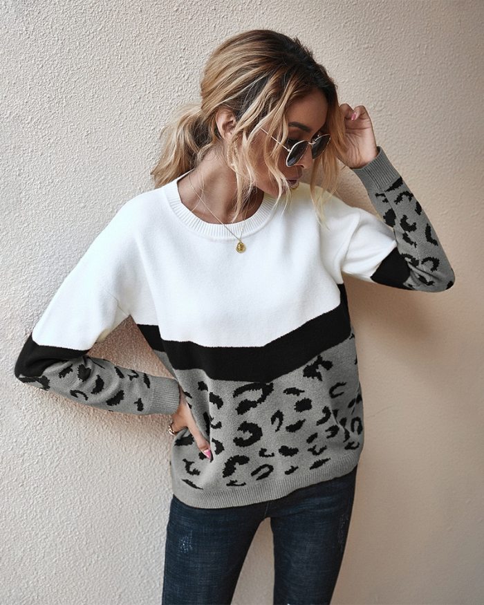 2021 Fashion Leopard Patchwork Autumn Winter Ladies Knitted Sweater Women O-neck Full Sleeve Jumper Pullovers Top
