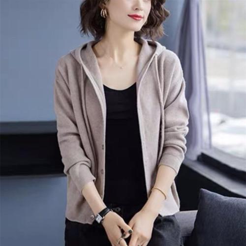 2021 Autumn Winter Women Casual Long-sleeve Knitted Hooded Cardigan Female Button Loose Sweater Lady Elegant Solid Cardigan