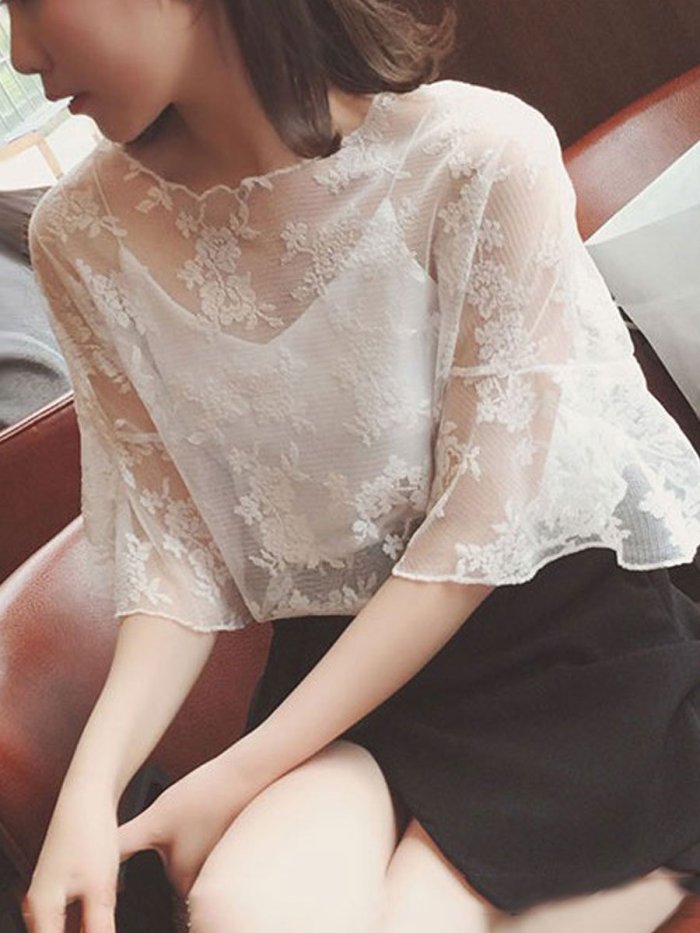 Summer Cotton Women Round Neck See-Through Floral Plain Bell Sleeve Short Sleeve Blouses
