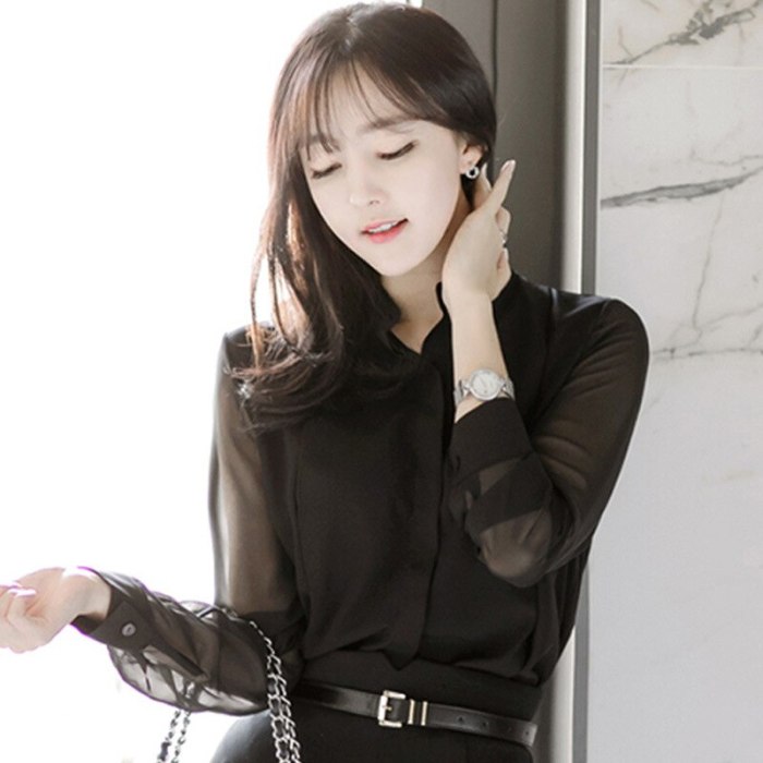 2021 Spring Women Chiffon Blouses & Tops Feminina Blusas Long Sleeve Shirt Lady Sexy Black Tops Shirt