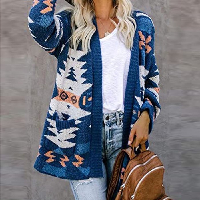 Knitted Cardigan Sweater Women 2021 Fall/Winter Halloween Pattern Pocket Casual Fashion Long Sleeve Mid-length Jacket