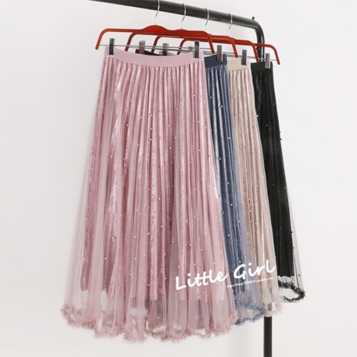 Fashion Beading Skirt Women Spring Elegant Long Skirt Female High Waist Girls Skirt
