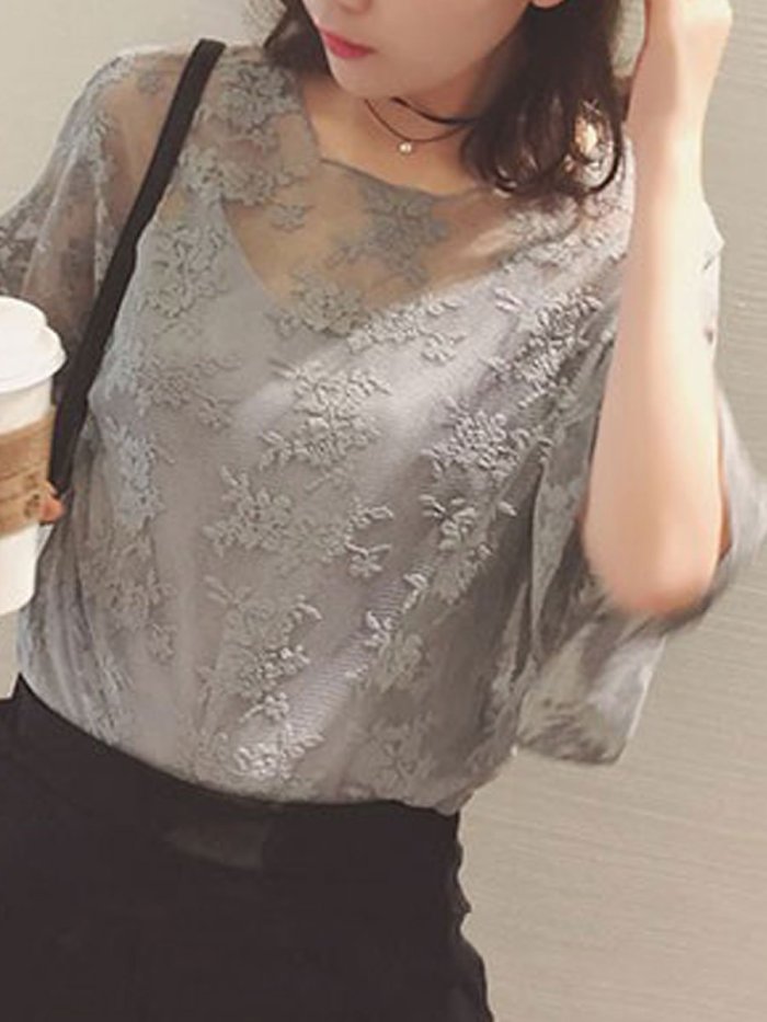 Summer Cotton Women Round Neck See-Through Floral Plain Bell Sleeve Short Sleeve Blouses