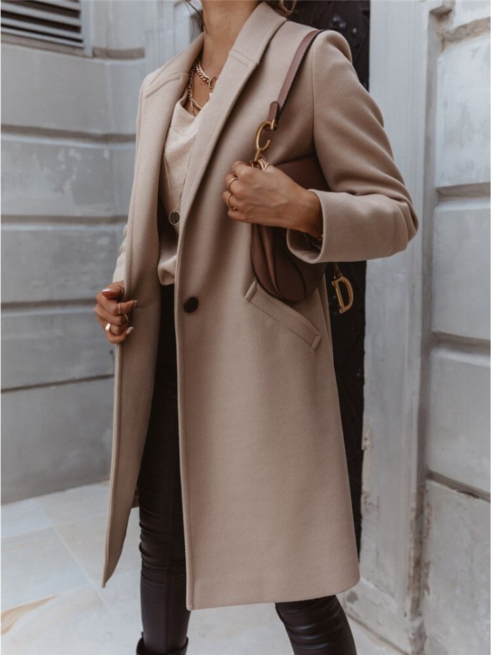 Autumn Winter Women Long Sleeve Lapel Wool Blends Coat Long Sleeve Single Button Pocket Solid Color Outerwear