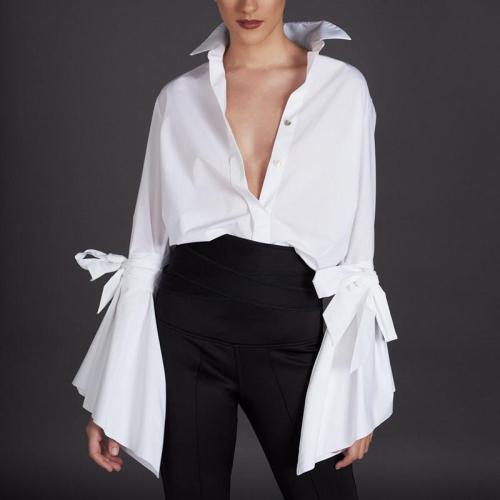 Fashion white long bell sleeves bow shirt