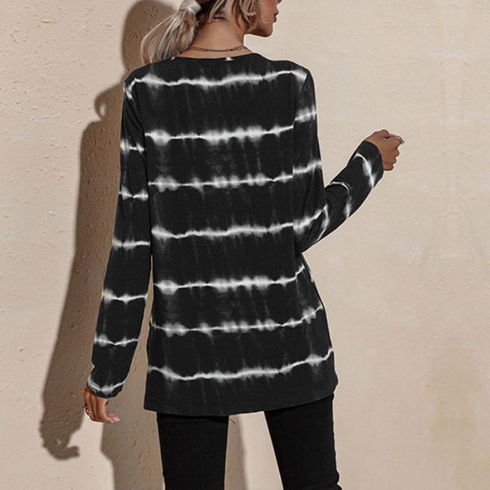Spring And Autumn Leisure Long Sleeve T-Shirt Women's Round Neck Staining Print Striped Shirt Top