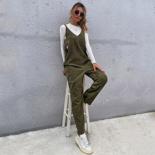 2021 Autumn New Solid Sleeveless V Neck Bow Backless Women Jumpsuits Army Green Casual Fashion Suspenders Trousers