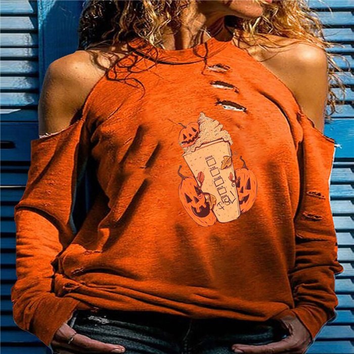 Y2k Streetwear Pumpkin Skull Print Shirts Oversized Hoodie Women Harajuku Hollow Out Long Sleeve Blouse Autumn Gothic T Shirt