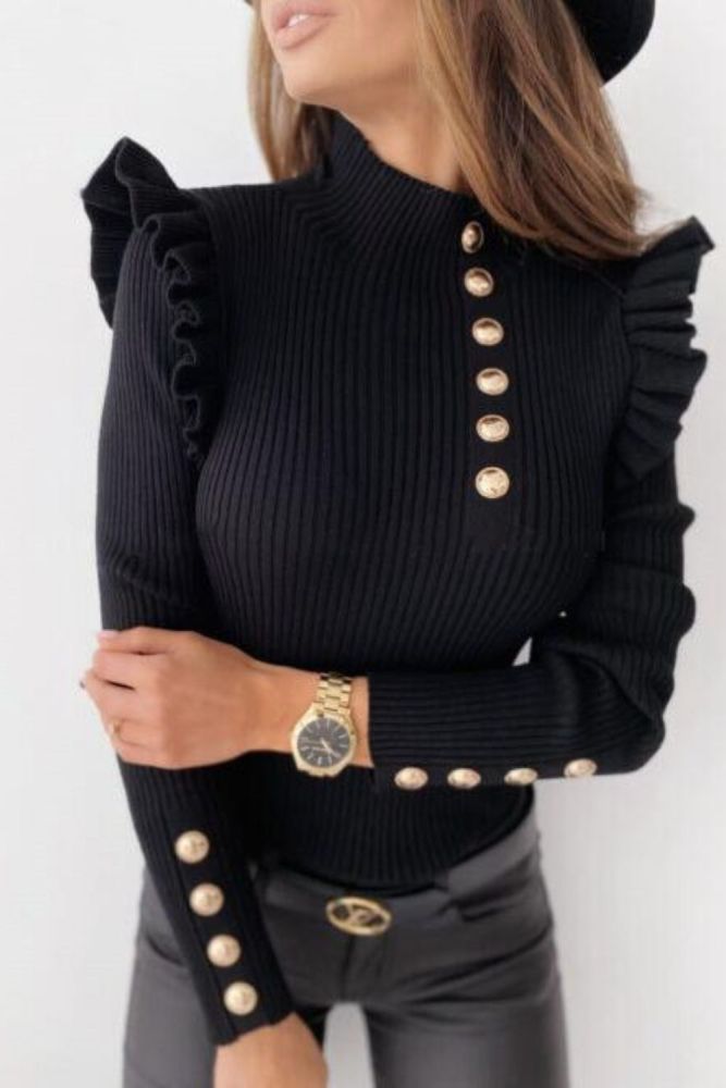 T-shirt Women Turtleneck Pullovers Solid Ruffles Fly Sleeve Buttons Slim Rib Knitted Basic T Shirt Fall Elastic Tops