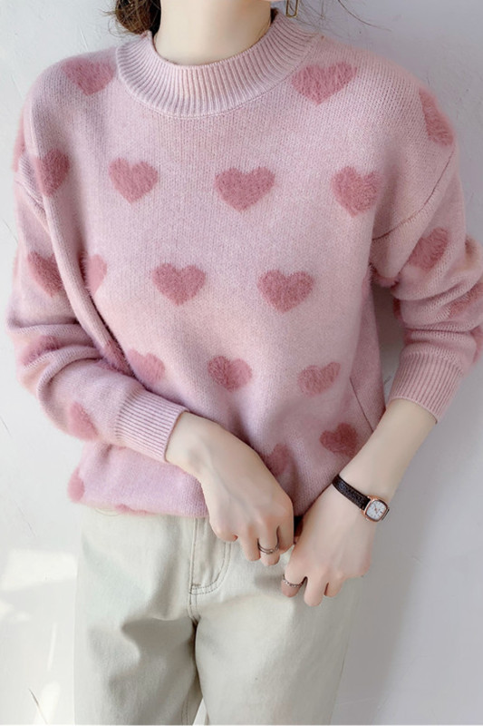 Women Long Sleeve Loose Pullover Heart Pattern Sweater