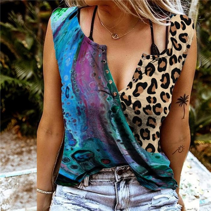 2021 Trending Summer Clothes for Women Sexy Leopard Print V Neck Sleeveless T Shirt Harajuku Streetwear Vest Tank Tops Camisole