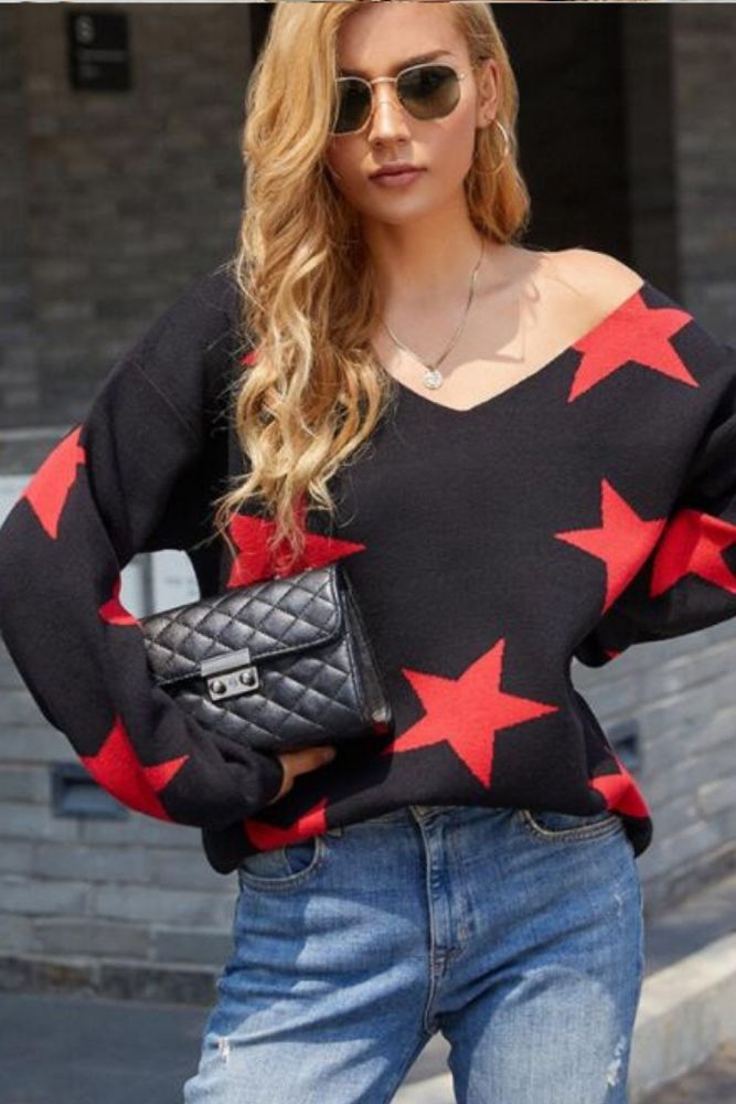 Elegant fashion top women sweaters 2021 autumn new V-neck long-sleeved five-pointed star fine wool casual sweater woman pullover