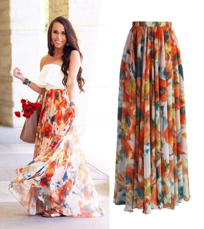 Floral Print Skirt Empire New Chiffon BOHO Ladies Tulle Skirt Womens Jersey Gypsy Maxi Full Long Skirt Summer