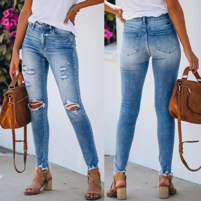 New Mid Waist Skinny Jeans Women Vintage Distressed Denim Pants Holes Destroyed Pencil Pants Casual Trousers Summer Ripped Jeans