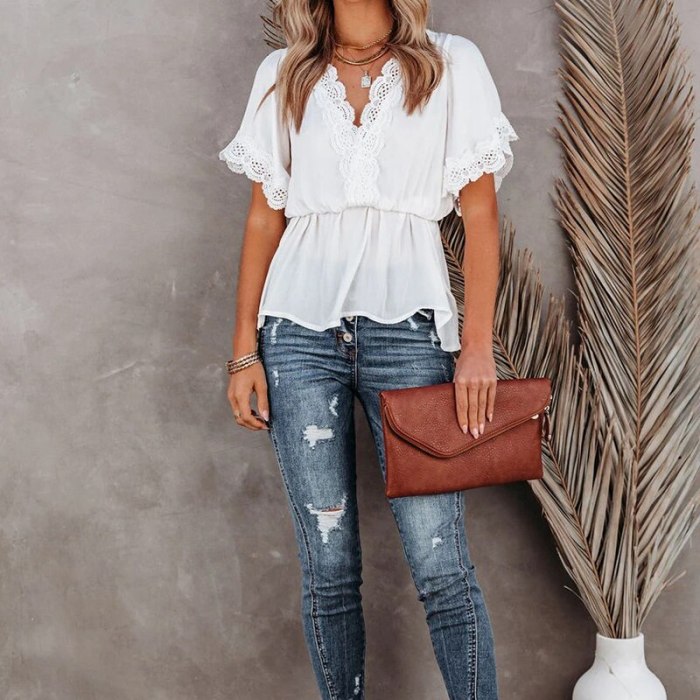 Summer Women Blouses Shirts Elegant Solid Lace Hollow Out Office Lady Top Sexy V-Neck Backless Lace-Up Casual Short Sleeve Tops