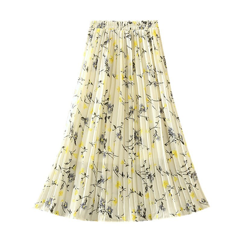 2021 Summer New Women'S Clothing High Waist Was Thin Wild A Word Floral Pleated Skirt Printed Chiffon Mid-Length Skirt