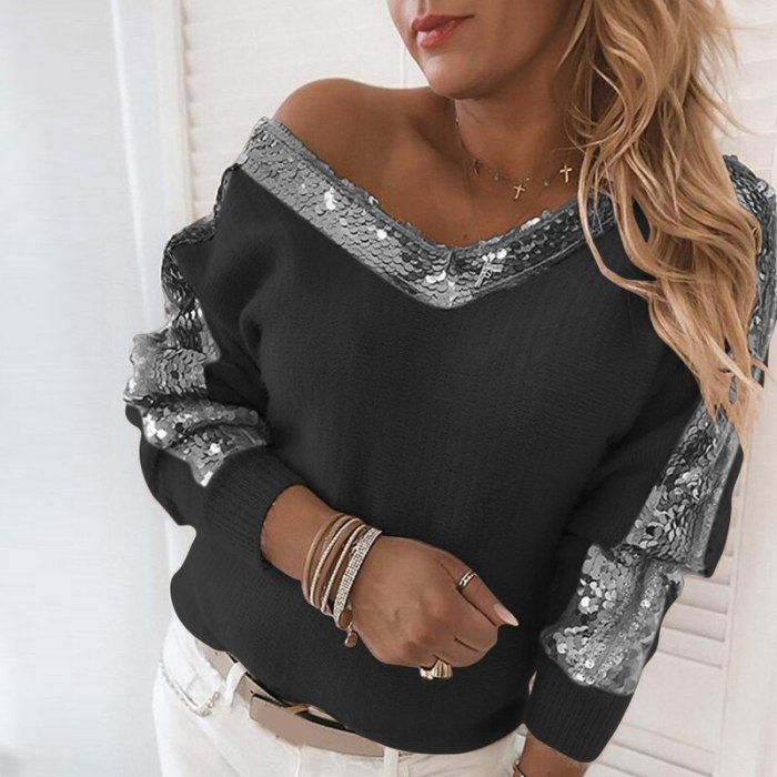 Women V Neck Sequined Sweaters Long Sleeve Casual Pullover