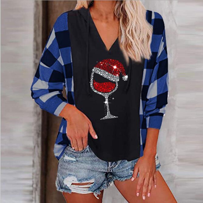 Wine Glass Printed Christmas T Shirt Women Winter Tops Plaid Long Sleeve Splicing Color T-shirt Xmas Ladies Tshirt