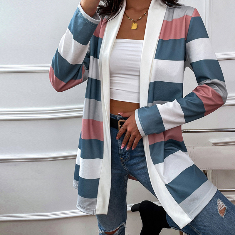 Women Sweater Striped Color Block Draped Loose Cardigan Long Sleeve Casual Knit Sweater Coat Female Top Sweater Cardigan Jacket