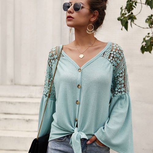 Hollow Lace Blouse 2022 New Women Tops Long Sleeve V Neck Work Wear Shirts Elegant Lady Casual Blouses