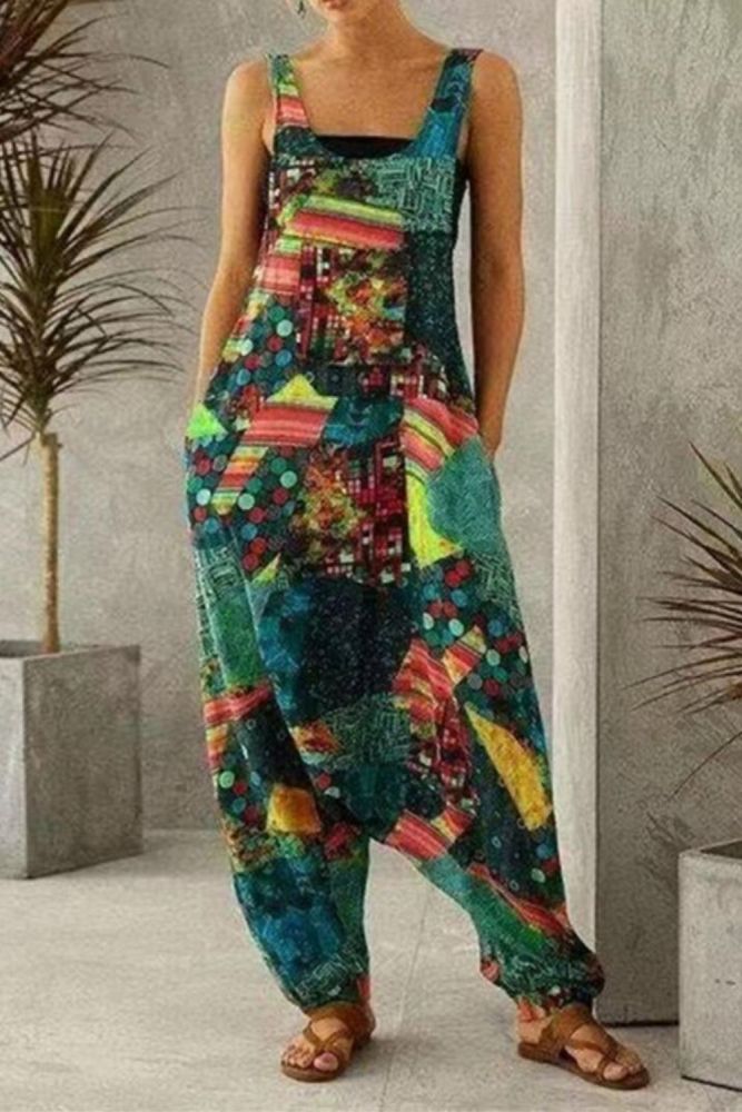 Women Vintage Print Sleeveless Pocket Loose Colorful Playsuits Jumpsuits