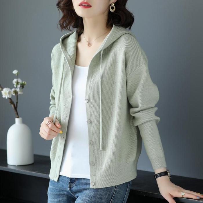 2021 Autumn Winter Women Casual Long-sleeve Knitted Hooded Cardigan Female Button Loose Sweater Lady Elegant Solid Cardigan