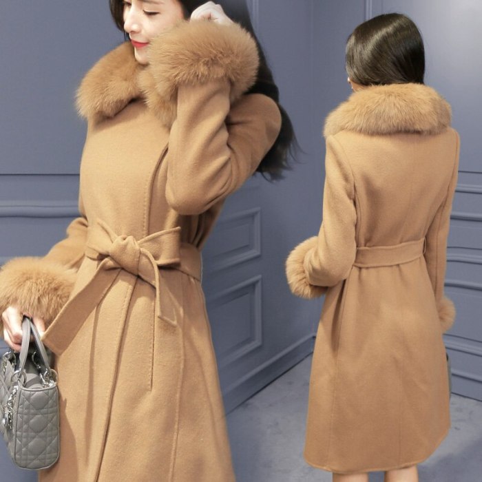Fur Collar Wool Large 2021 Autumn Winter New Slim Long Women Coat 4 Color Plus Size Casaco Feminino AW0409