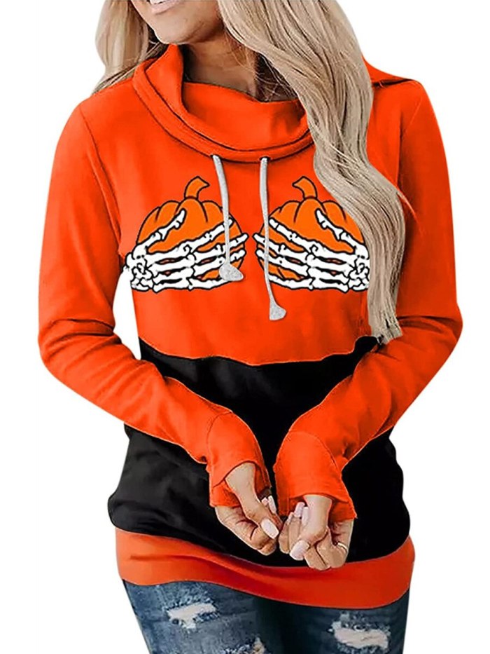 New Autumn Halloween Women Hoodies Skeleton Hand Pumpkin Print High Neck Drawstring Loose Sweatshirt Casual Long Sleeve Pullover