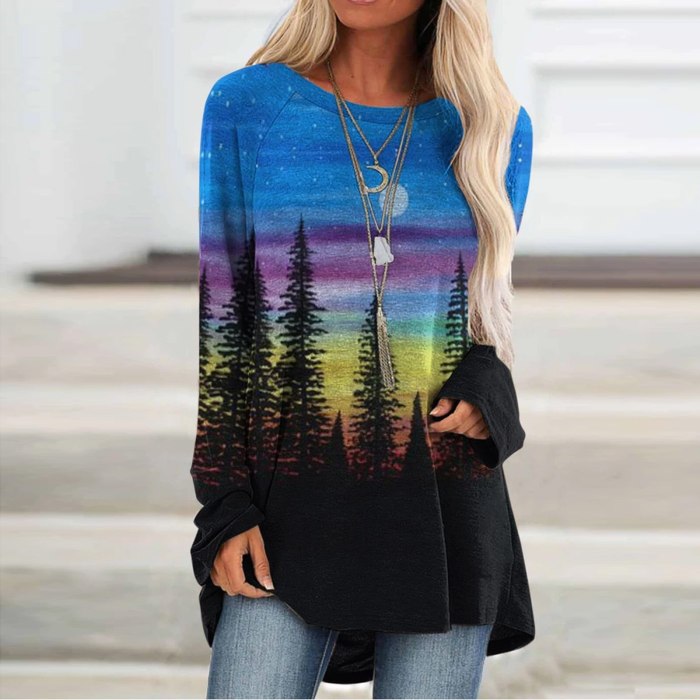 Women's Blouse Painting Print long sleeve loose Pullover