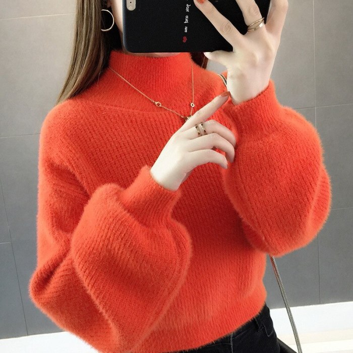 Fashion New Turtleneck Knit Sweater Women Pullover Female 2021 Autumn Winter Fashion Lantern Sleeve Casual Ladies Jumper