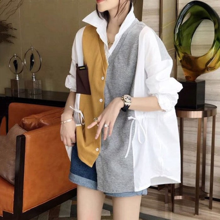 British Style 2021 Autumn New Womens Contrast Stitching Shirts Loose Vasual Oversized Street Style Female Knitted Top Trend e136