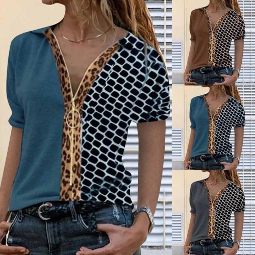 Fashion Women's Leopard Print Hit Color Zipper Short-sleeved Shirt Slim Casual Summer Street Fashion Cotton Women's Tops T-shirt