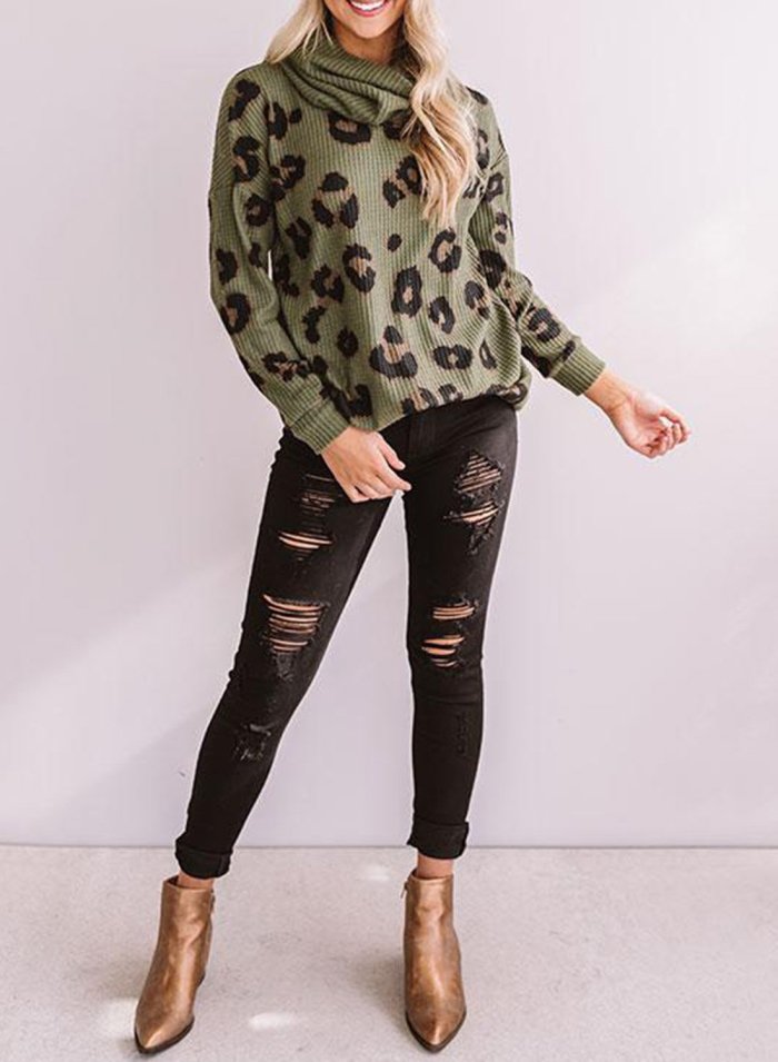 Leopard Turtleneck Casual Sweatshirt