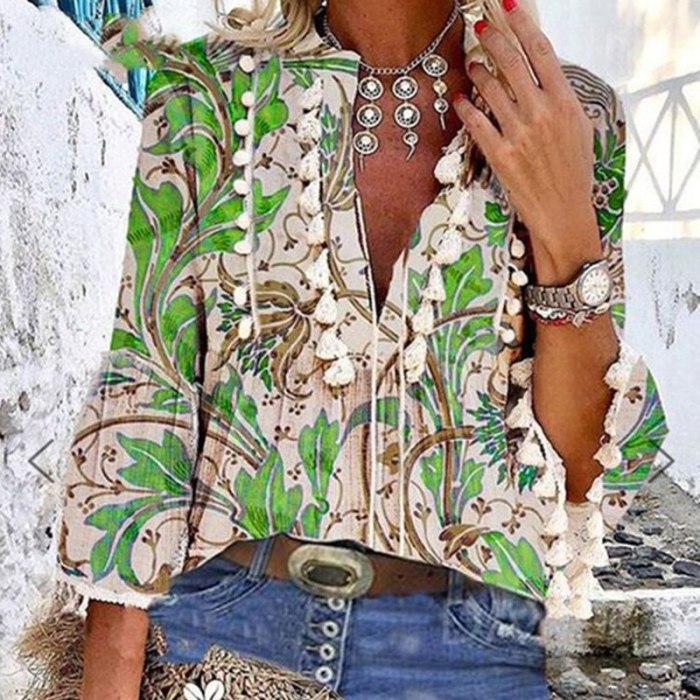 Boho Blouse Elegant V Neck Tassel Women Tops Sexy Three Quarter Sleeve Floral Print Shirt 2021 Spring Autumn Chic Blouses S-2XL