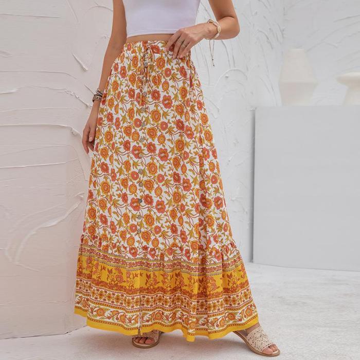 Summer New Printed Skirt Women Clothes Sexy Single-breasted Split Elegant A-line Casual Loose High Waist Plus Size Long Skirt