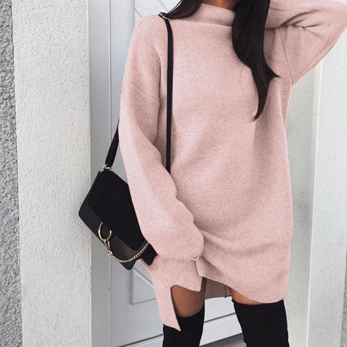 High Neck Solid Color Split Long Loose Women Pullover Sweater