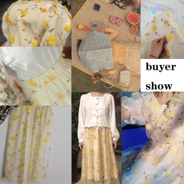 Yellow 3D Flower Lace Skrit Women High Waist Mesh Long Skrit Female elegant Midi tulle skirt Sweet Cute Student School Wear saia