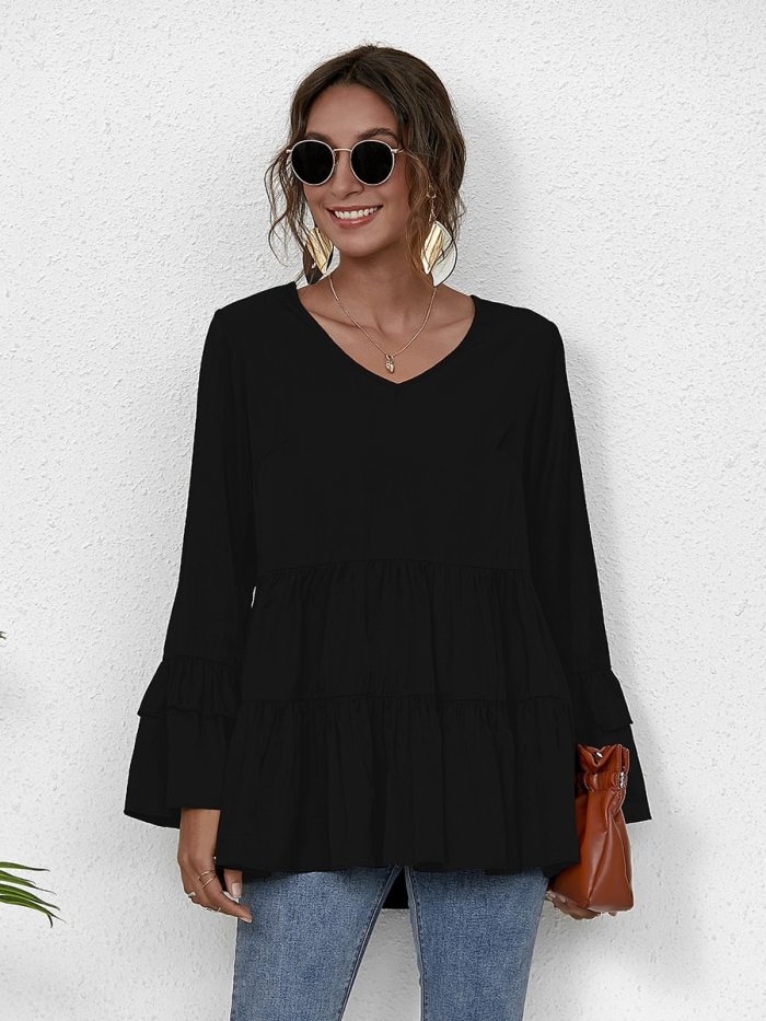2021 Women Blouse Bohemian High Low Shirt Summer V Neck Flare Sleeve Pleated Tops Vintage Blusas Robe Femme Tunic